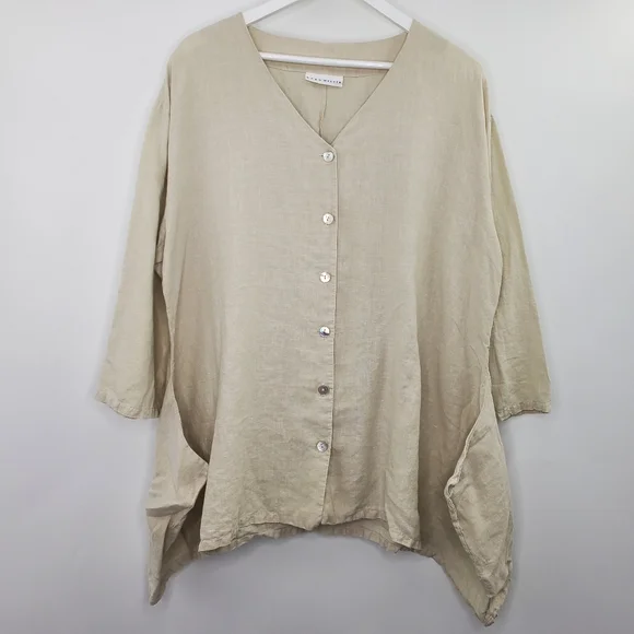 Bryn Walker Linen Tunic Top Button Down Neutral Lagenlook Oversized Minimal - Picture 1 of 9
